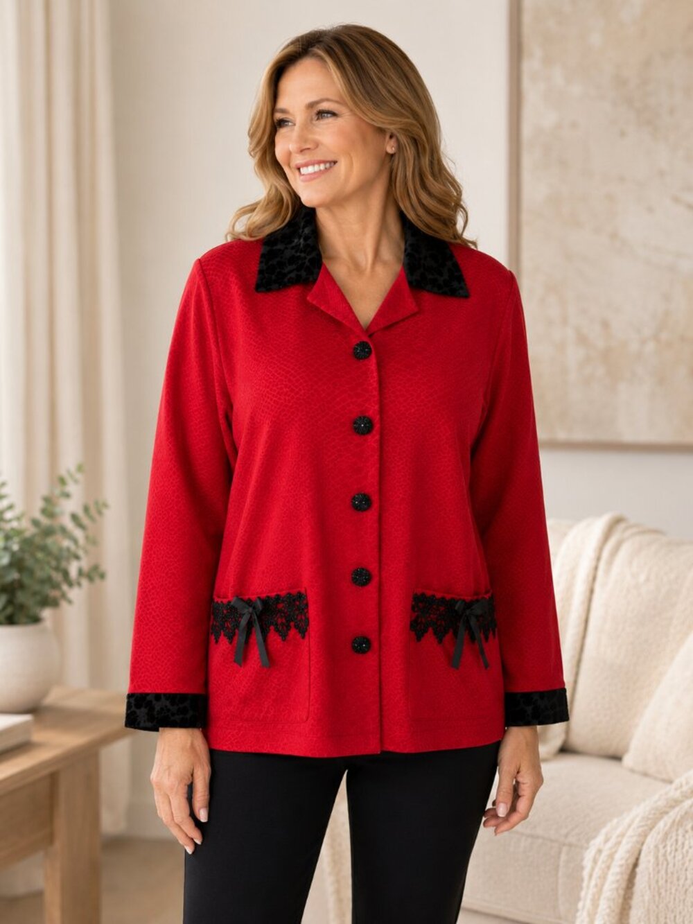 Nicole Marie Red Cardigan Black Lace Trim Button Front Vintage Chic